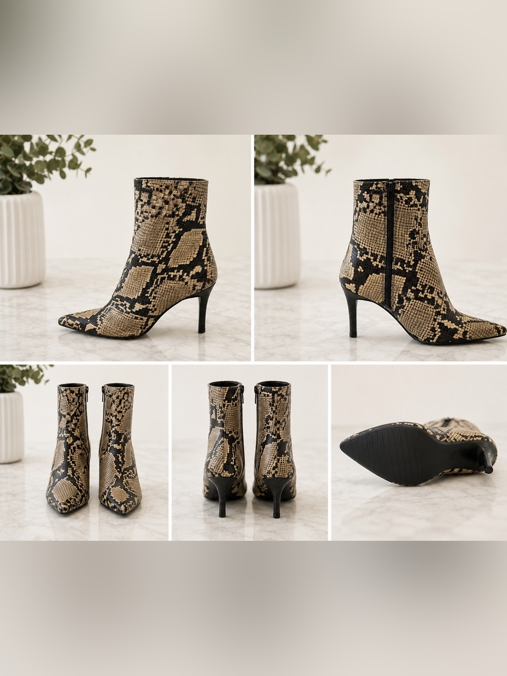 Stuart Weitzman Snake Print Leather Ankle Booties Pointed Toe Heels Women’s 7.5